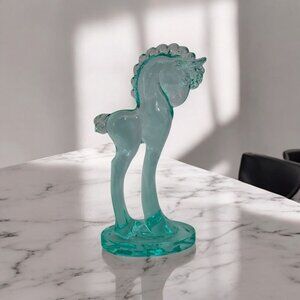 Vintage Aqua Glass Trojan Horse Figurine • UV Reactive Glow Glass